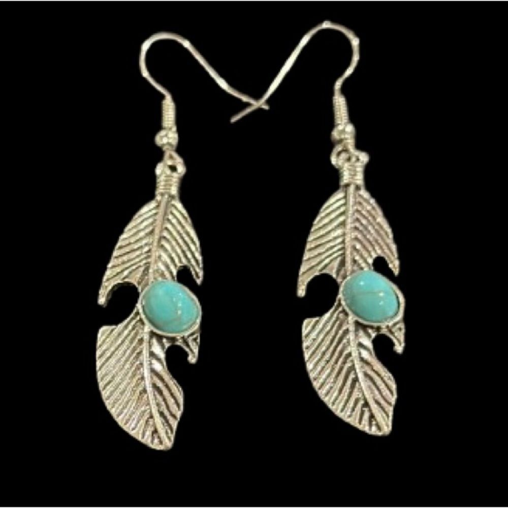 Silver Tone Feather Earrings with Faux Turquoise Accents, Western Style
